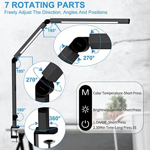 LED Desk Lamp with Clamp, Architect Desk Lamp with Dual Light and Adjustable Swing Arm, Clip-on Eye-Care 4 CCT Modes & 5 Brightness Levels Table Light Modern Computer Lighting for Home Office - Image 3